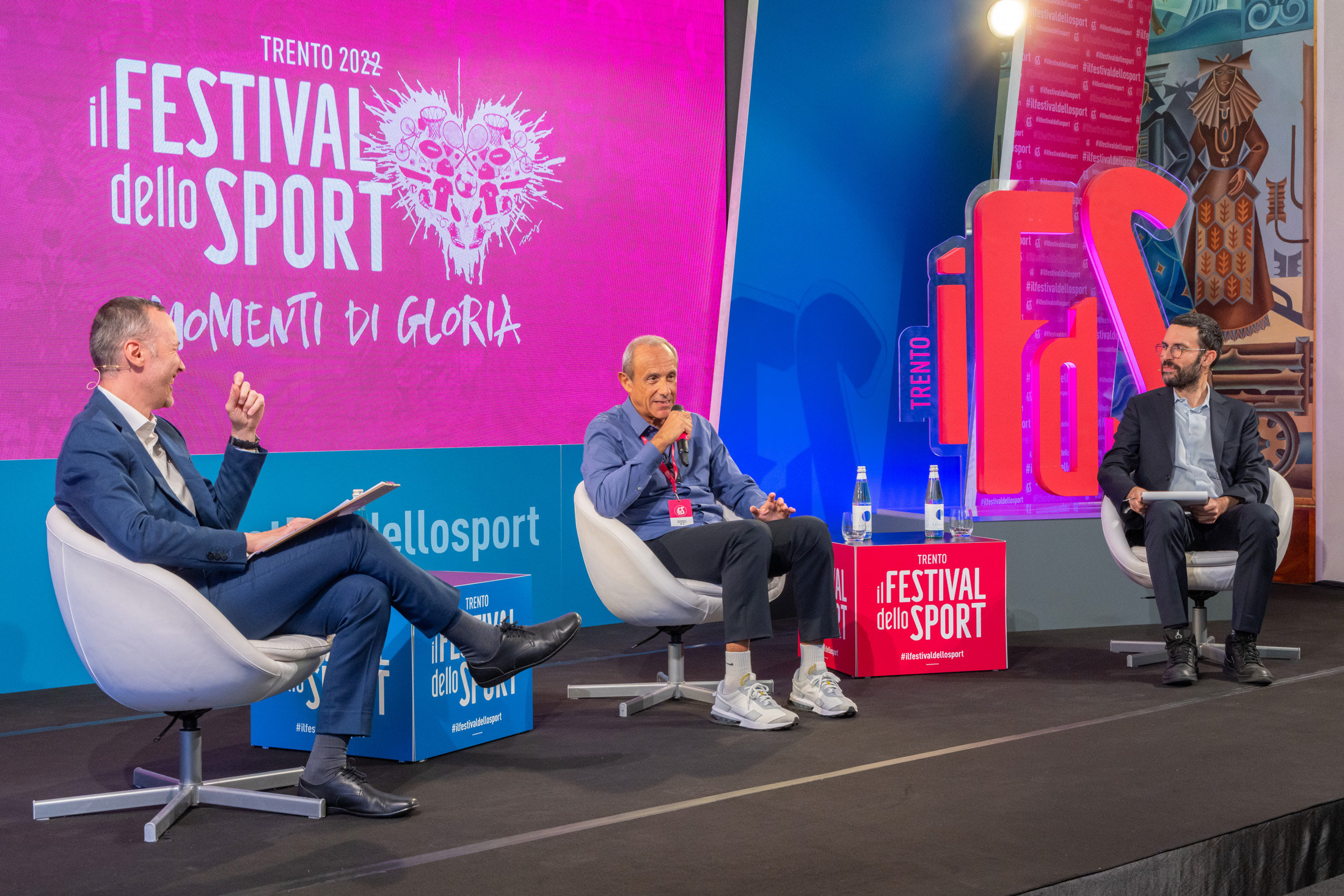 ETTORE MESSINA, LA MIA OLIMPIA TRICOLORE Nella foto: Antonino MORICI, Ettore MESSINA, Davide CHINELLATO Festival dello Sport Sala Depero Trento, 22 settembre 2022